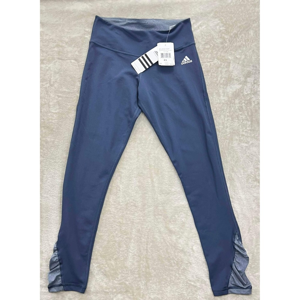 NWT Adidas Climalite CE Long Tight Navy Blue Gray Ruffle Ankle Leggings Size XS